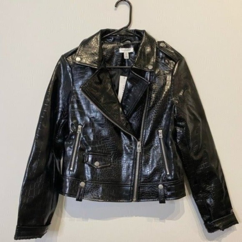TOPSHOP Black Crocodile Faux Leather Jacket Size 6
